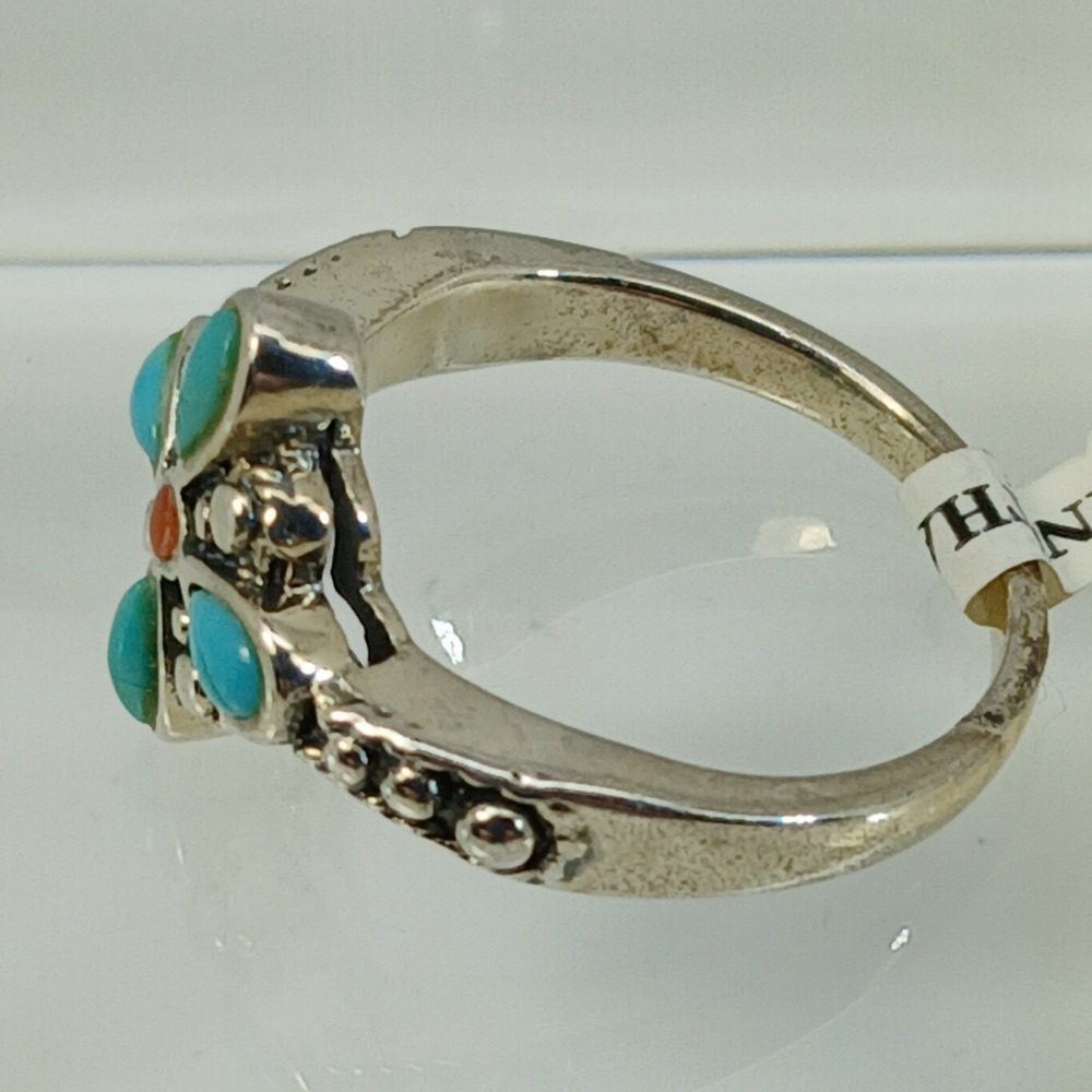 Vintage 90s BOMA Sterling Silver Turquoise Coral Flower Ring Size 6 Thailand NOS - Picture 15 of 16